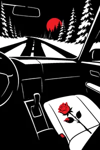 A car's headlights on a dark, snowy wooded road, a single red rose resting on the empty passenger seat.
