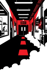 A fluorescent-lit laboratory corridor with a wall clock reading one minute past midnight, sparks arcing from a control panel.