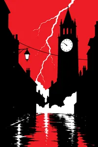A brick clock-tower silhouette under a lightning-split sky, a cable stretched across the street below it.