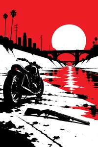 A motorcycle and a shotgun abandoned in a concrete flood channel at dusk, the sky glowing an ominous orange.