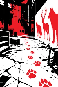 A cracked stone floor of an abandoned department store, a lone animal pawprint trail and a wall stenciled with red animal shapes.