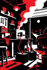 A cluttered suburban garage at night, a crude metal box wired to car batteries under one bare lightbulb.