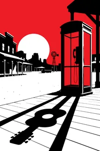 A vintage telephone booth parked in a dusty Western town square, an air guitar's imagined shadow on its glass.