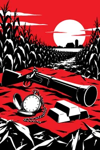 A blunderbuss lying on a tarp in a Kansas cornfield, a pocket watch and a stack of silver bars beside it.