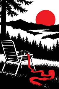 A pair of binoculars on a lawn chair overlooking a forest, a roll of pink bandages unspooling across the grass.