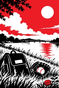 A summer sky over a riverbank, a schoolbag and a baseball glove on the grass, a walnut-shaped mark glowing faintly.