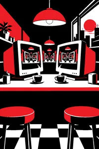 Two old monitors facing each other across a small café counter, an endless tunnel of reflected screens between them.