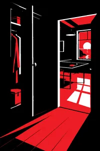 A dark wardrobe in an old seaside house, its door ajar, a ping-pong table visible in the room beyond.