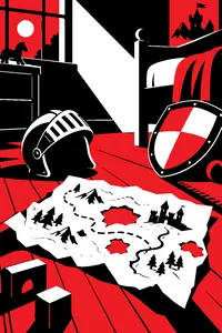 A crumpled hand-drawn map with glowing holes, lying on a child's bedroom floor beside a toy knight.