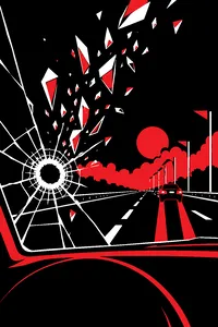 A bullet hole in a window with glass shards flowing upward back into the frame, a highway at night beyond.