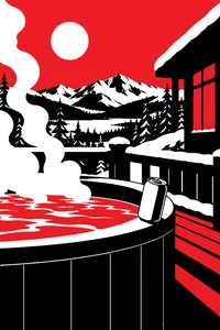 A steaming outdoor hot tub on a snowy ski-lodge deck, an energy drink can tipped over on its rim, neon light spilling across the snow.