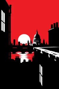 A gap between two London rooftops at dusk, a scuffed brick ledge on the far side and St Paul's dome in the distance.