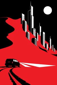 A wall of orange sand swallowing a glass skyscraper city, a lone abandoned SUV with its headlights on.