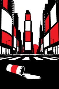 A completely deserted Times Square at dawn, billboards glowing blank, a single dropped coffee cup on the asphalt.