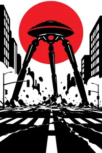 A cracked city intersection with a huge three-legged alien machine rising out of the pavement and drifting gray dust.
