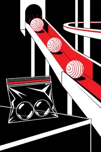 Three glowing wooden balls rolling down a futuristic chute beside a pair of discarded eyeballs in a sandwich bag.
