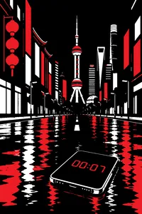A long empty Shanghai street at night lined with neon, a cell phone countdown timer glowing on the ground.