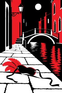 A narrow Venice alley at night, a footbridge over a canal, a dropped feathered party mask on the stones.