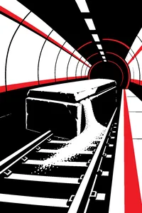 An ancient sarcophagus wedged in a London Tube tunnel, sand pouring from its lid across the tracks.