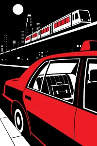 A yellow Los Angeles taxicab parked at night with a briefcase on the back seat and a silver Metro train passing above.