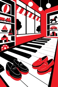 A giant floor piano in a bright toy store, two pairs of loafers resting on the keys.