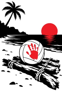 A weathered volleyball with a red handprint sitting on a raft of driftwood on a white sand beach.