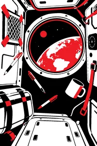 A cramped space capsule interior with floating pens and a duct-taped square air filter, Earth visible through the window.