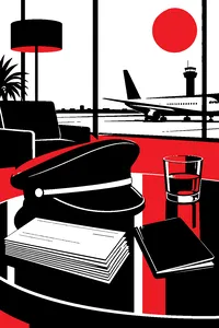 A pilot's cap, a stack of forged checks and a passport fanned out on an airport lounge table in 1960s light.