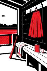 A vintage baseball dugout with a whiskey flask on the bench and a peach-colored wool skirt hanging on a hook.