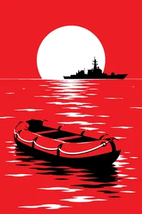 An orange lifeboat drifting on a calm blue sea, a navy destroyer on the horizon.