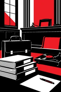 A briefcase and stacked legal files on a courtroom table, an opera record spinning on a turntable beside them.