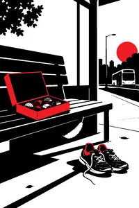 A box of chocolates on a bus-stop bench, a white feather drifting down beside a pair of worn running shoes.