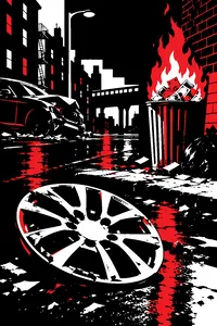 A crashed luxury car's hubcap in a Bronx street at night, a pile of money burning in a trash can behind it.