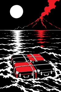 Four steamer trunks lashed together as a raft, floating on a moonlit ocean toward a smoking volcano.