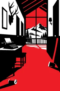 A snowbound mountain lodge hallway with a typewriter, an axe leaning on a wall, and an empty beer can on the carpet.