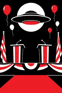 Two red-white-and-blue campaign podiums on a rally stage, a flying saucer hovering above them and balloons drifting.