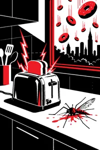 A chrome toaster sparking with blue lightning on a kitchen counter, a swatted prehistoric mosquito beside it and donuts falling outside the window.