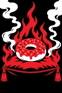 A single pink frosted donut with sprinkles on a red velvet cushion, wreathed in smoke and flames.