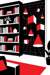 A cartoon living room bookcase pushed aside to reveal a glowing wireframe grid of floating cones, cubes and equations.