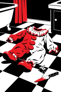 A toy clown doll on a bathroom floor with a small switch in its back, a knife lying beside it.