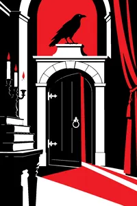 A black raven perched on a marble bust above a creaking chamber door, candlelight and a stack of old books.
