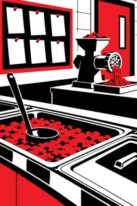 A school cafeteria steam tray with a ladle, a meat grinder on the counter and a bulletin board of detention slips.