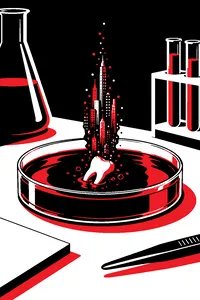 A glass petri dish of cola on a science-fair table, with a baby tooth inside and tiny glowing city lights rising from it.