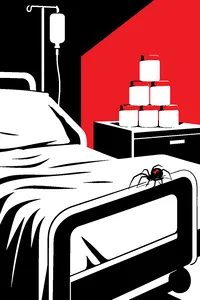 A hospital bed with a stack of baby powder and a single black widow spider on the bedrail.