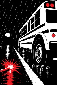 A yellow school bus in a rainstorm at night, one wheel's lug nuts loosened and a road flare burning on the shoulder.