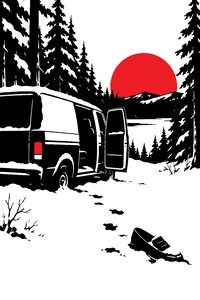An abandoned van with its door open in a snowy pine forest at dusk, a single loafer in the snow.