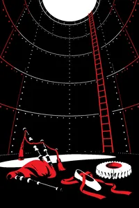 The inside of a huge dim metal cylinder, a bagpipe, a ballet slipper and a clown's ruffled collar on the floor, a circle of light far above.