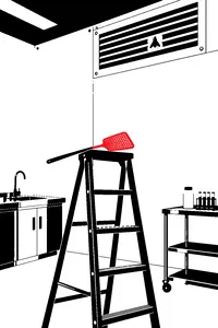 A gleaming stainless steel lab with a single housefly perched on a vent, a flyswatter balanced on a tall ladder below.