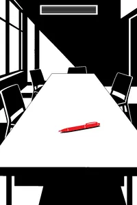 A purple gel pen lying alone on a long wooden study table, chairs pushed back at odd angles, an air vent above.