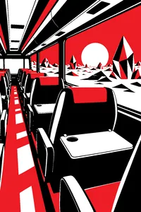 Rows of empty shuttle bus seats with tray tables down, glaring white sunlight blasting through the windows onto a diamond-crusted alien landscape.